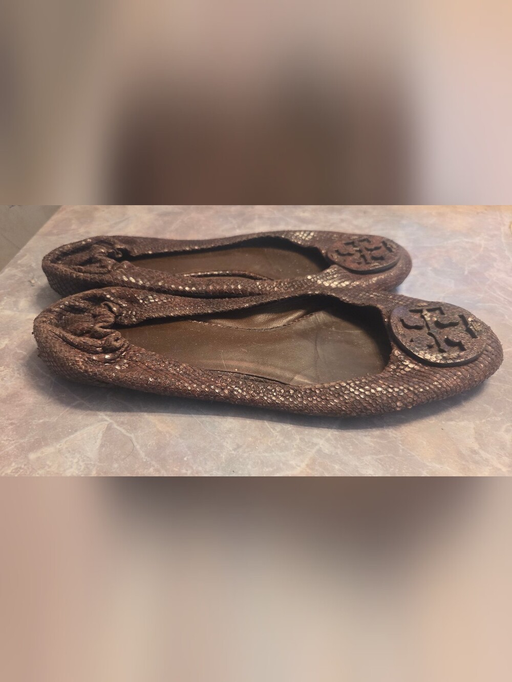 Tory Burch Brown Snakeskin-Effect Elastic-Back Ballet Flats - Picture 5 of 6